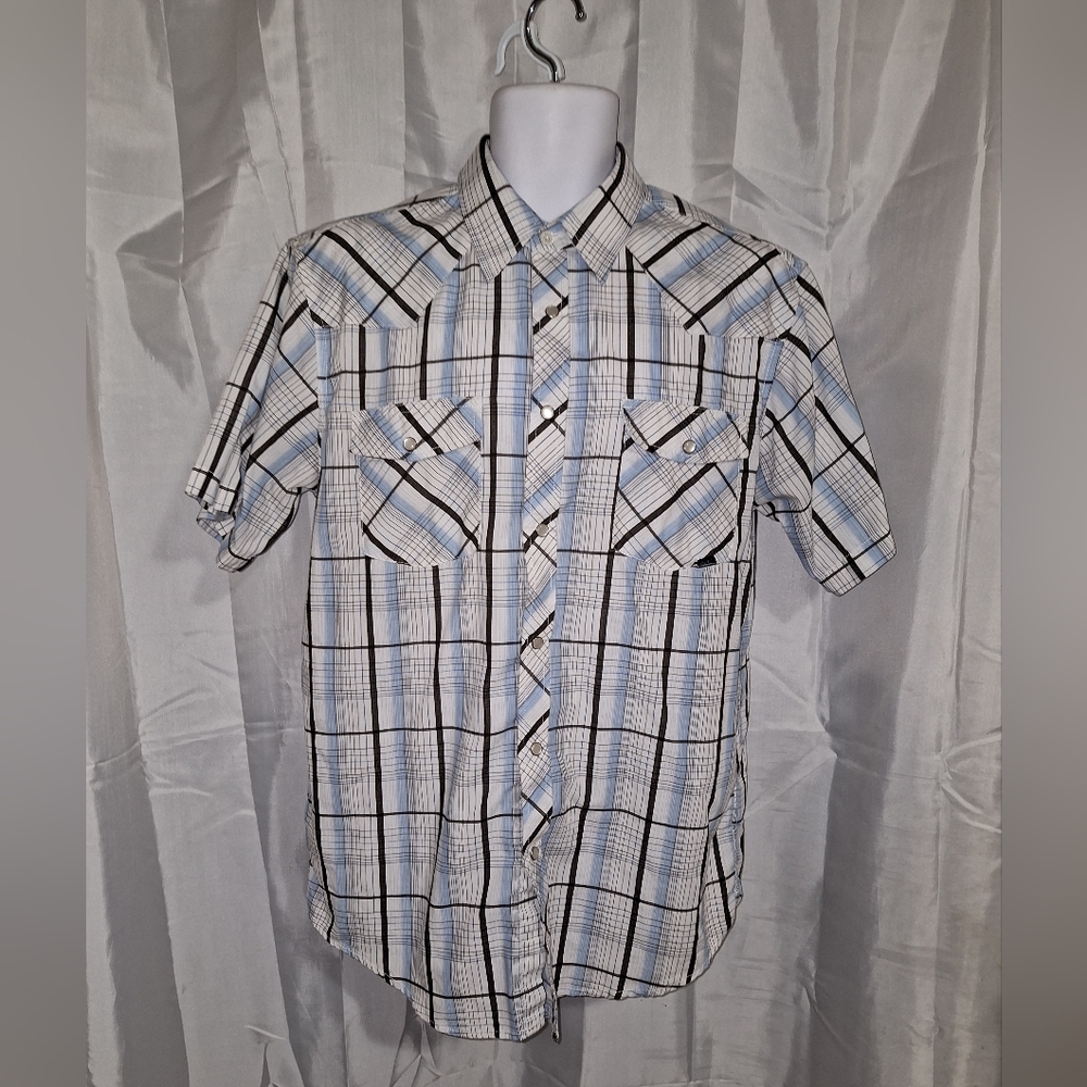 Coastal Western Men's Short Sleeve Snap Up Shirt Size L Blue, White Black